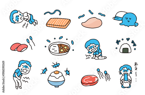 様々な菌と食中毒になっている人たちのイラストセット