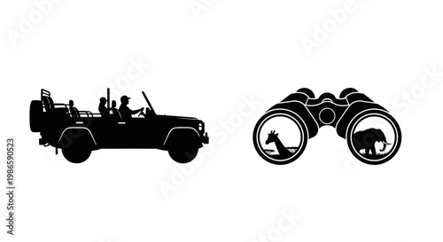 Safari Jeep and Binoculars with Wildlife Silhouette