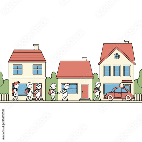 A drawing of children walking past houses