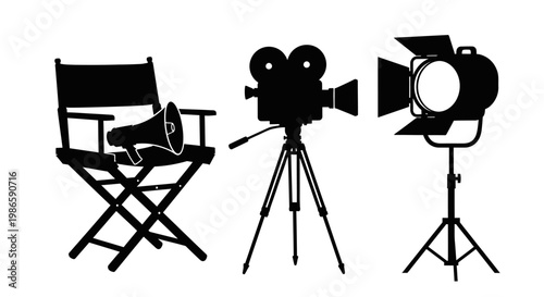 Filmmaking Equipment Silhouette: Director's Chair, Megaphone, Camera, Spotlight