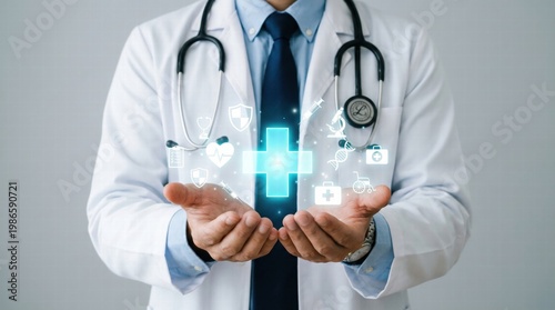 Health Insurance Concept, Hand arranging wood cube stacking with icon healthcare medical on wood background, copy space, financial concept.