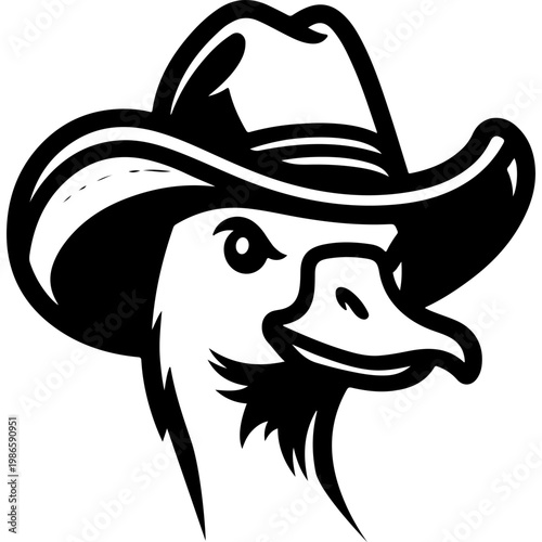 Stern cowboy goose in a cowboy hat. Black and white vector with thick outlines isolated on white background