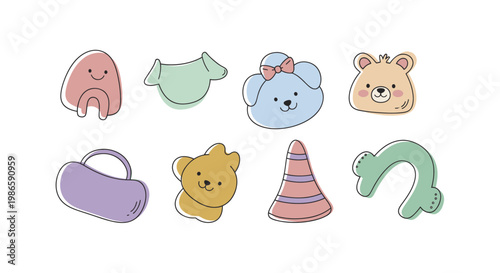Cute Baby Toys Collection Hand Drawn Style.