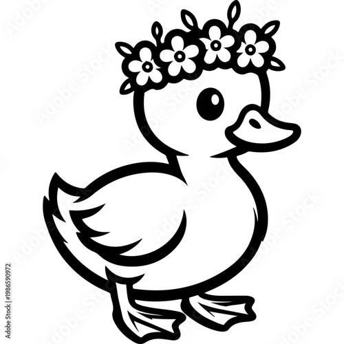 Cute duckling with flower crown, smiling baby duck. Black and white vector with thick outlines isolated on white background