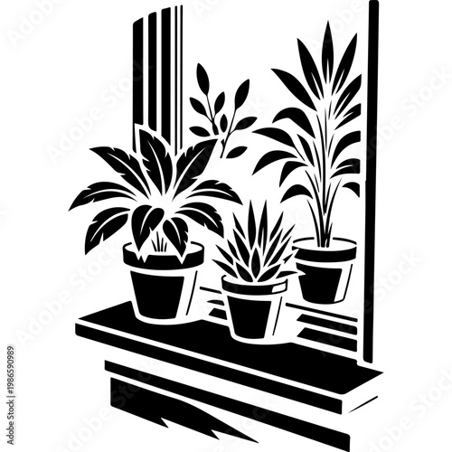 Ceramic flower pots on the windowsill of an open window. Black and white vector with thick outlines isolated on white background