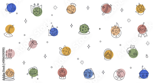Cute Hand Drawn Planets and Stars Doodle Collection.