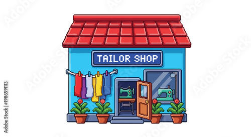 Vibrant pixel art illustration of a blue tailor shop featuring a red tiled roof, colorful hanging fabrics, and visible vintage sewing machines.