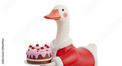 Cute Duck Character Holding a Cherry Cake