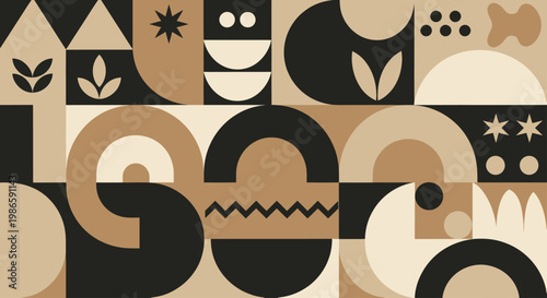 Geometric Abstract Pattern with Organic Shapes and Symbols.