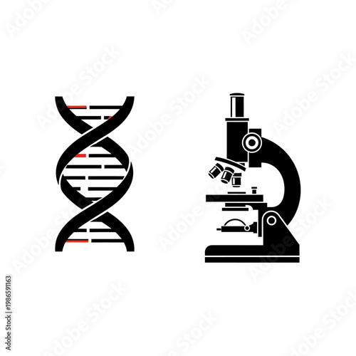DNA helix and microscope icons symbolizing science, research, and biotechnology