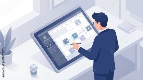 Professional Man Analyzing Digital Calendar on Large Tablet in Modern Office