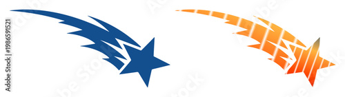 Bright shooting stars in blue and orange streaks across a white background.