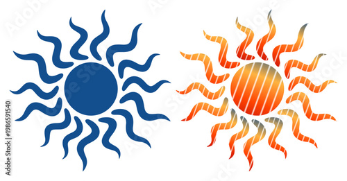 Two stylized suns, one cool blue, the other warm orange and red, representing contrast and energy.