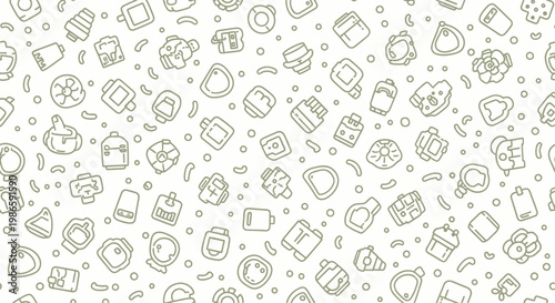 Seamless pattern of various food and drink items in outline style.