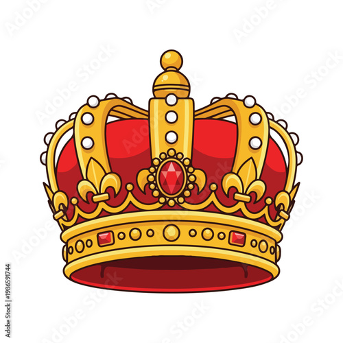 A gold and red royal crown with jewels