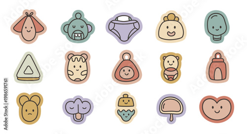 Set of cute baby-themed illustrations with soft colors and playful designs.