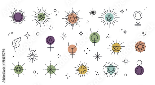 Set of mystical and celestial symbols with colorful accents.
