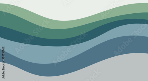 A layered wavy pattern with green, blue, and grey hues