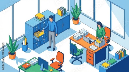 Modern Office Workers Organizing Files and Working at Desks