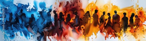 A Close-up Shot of a Watercolor silhouettes of a bustling cityscape with overlapping colors