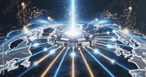 A futuristic digital globe interconnected with glowing lines representing global networking and technology