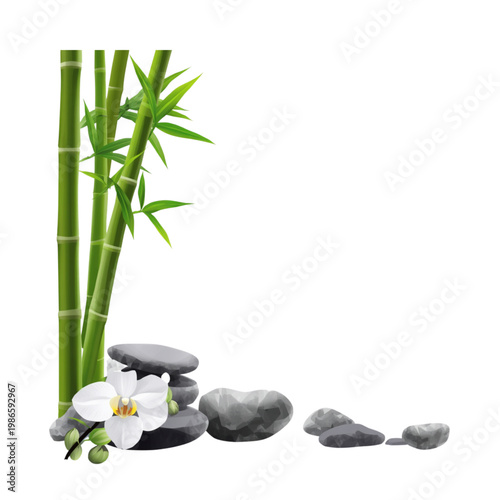 Natural Spa Composition with White Orchid Flowers and Bamboo