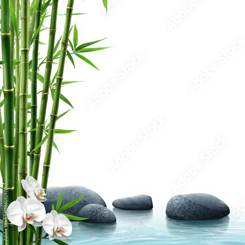 Zen Tranquility: Green Bamboo and River Rocks on the Water
