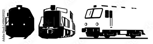Rail freight train icon set with solid black illustration on a white background featuring freight, rail, transportation with line art and graphic design