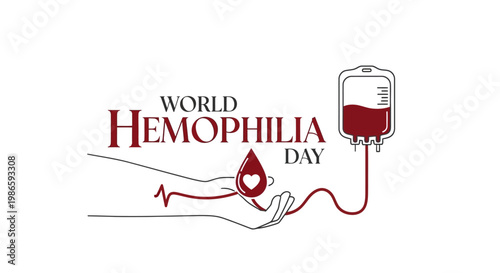 Minimalist World Hemophilia Day illustration showing a blood bag connected to a hand holding a blood drop with a heart, against a clean white background in a vector style that promotes