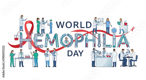 On World Hemophilia Day, medical professionals are depicted as part of a vector illustration, raising hemophilia awareness and representing the blood disorder concept with a red ribbon, set