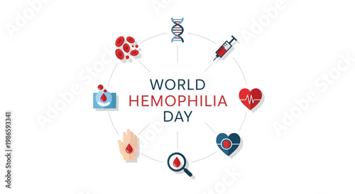 An illustrative vector graphic commemorates World Hemophilia Day with symbols like a DNA strand, syringe, and blood drop inside a heart, all arranged in a circle against a clean white