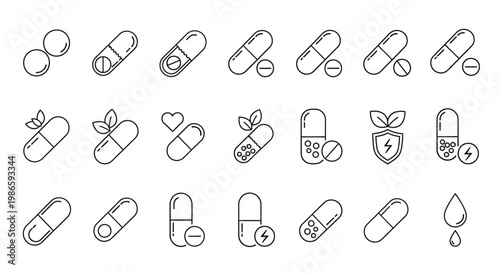 Medical icons featuring various pills and capsules with symbols.