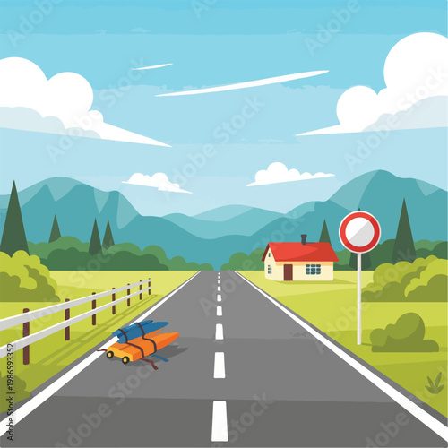 A long road with a house and mountains in the background