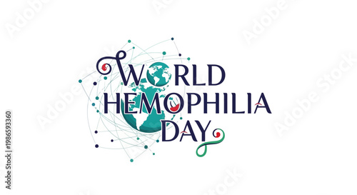 A vector illustration for World Hemophilia Day with a stylized earth globe graphic surrounded by connecting dots against a clean white backdrop, designed to promote bleeding disorder