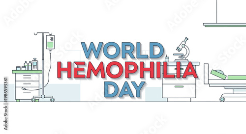 Minimalist vector art commemorates World Hemophilia Day with a simplified hospital interior featuring medical equipment like an IV stand and microscope, set against a clean, bright white
