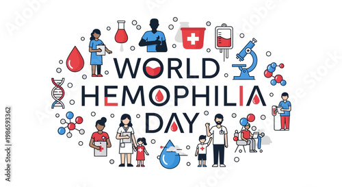Against a white backdrop, a World Hemophilia Day illustration showcases healthcare symbols like blood drops and medical personnel, conveying rare disease awareness in a vector design