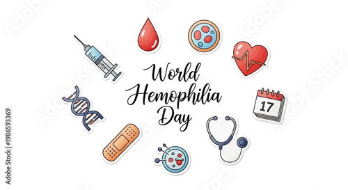 A celebratory design promoting World Hemophilia Day features a central calligraphic message surrounded by medical icons like syringes, blood drops, DNA strands, stethoscopes, and bandages