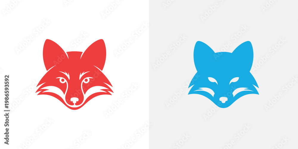 Fototapeta premium Two stylized fox heads in red and blue colors on white background