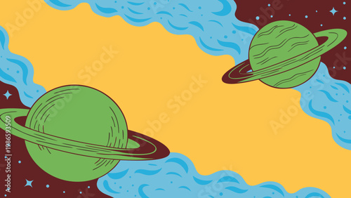 Cartoonish planets with rings float in a colorful space background.