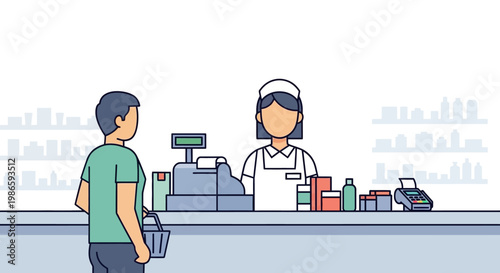 Man buys groceries from woman at store checkout counter indoors