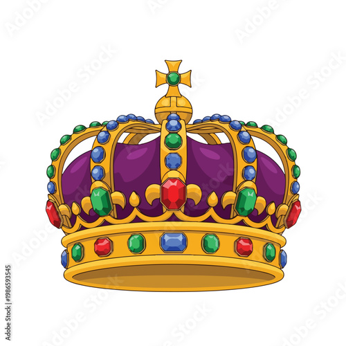 A gold crown with purple velvet and multicolored jewels