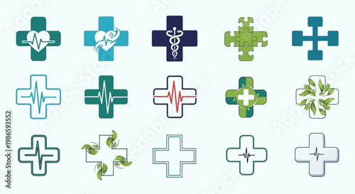 Medical symbols and crosses icons in various colors and styles are displayed.
