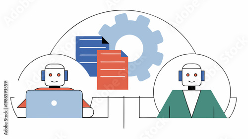 Two robotic assistants with documents and gears symbolizing digital support.