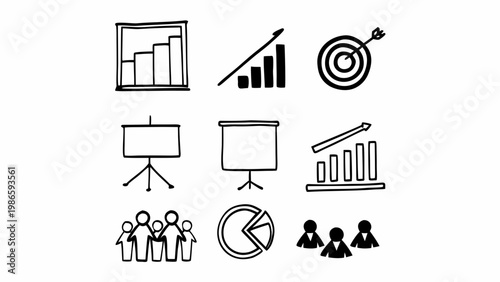 Nine minimalist icons representing business analytics, presentations, and teamwork.