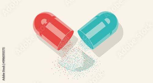 A medical capsule spills colorful pills on a surface in a close-up view.