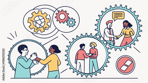 Illustration of teamwork and communication with interconnected gears and people.