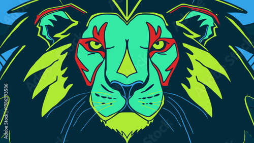 Stylized lion head with vibrant green and yellow foliage patterns.