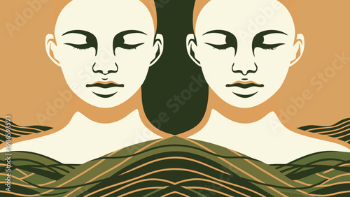 Two serene faces with closed eyes rise from a wavy, textured surface.