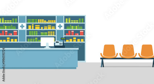 Pharmacist serving customers at a busy pharmacy counter with shelves.