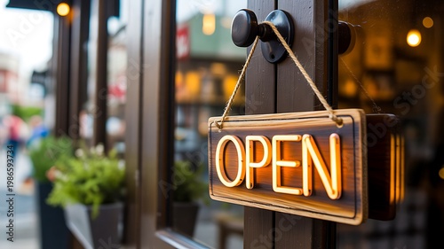 Open sign hanging on shop door indicating business is open and welcoming customers